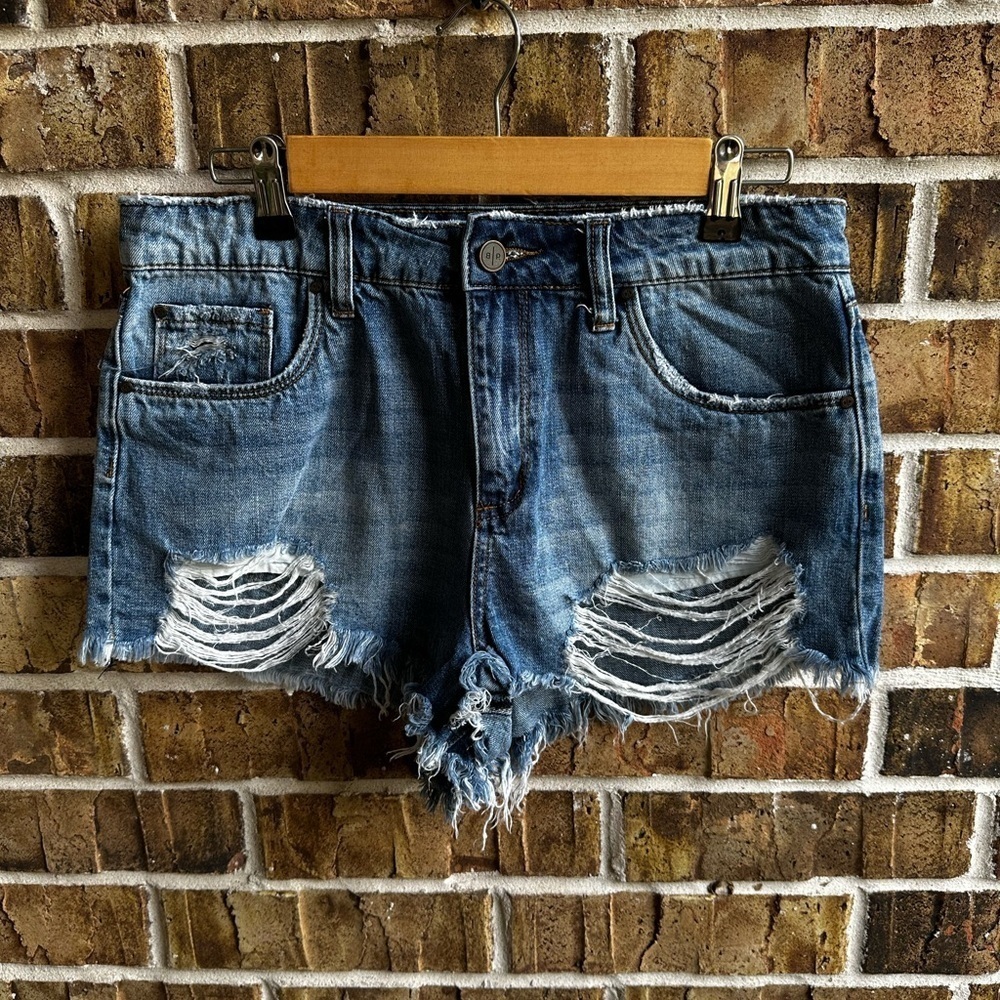 bp Blue Distressed Jean Shorts with Frayed Hem
